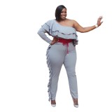 Plus Grey Ruffle One Shoulder Contrast Belted Jumpsuit