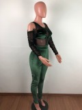 Cold Shoulder Mesh Insert Velvet Bodycon Jumpsuit in Green