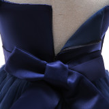 Navy Off Shoulder Flower Applique Beaded Girls Tulle Dress