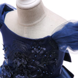 Navy Off Shoulder Flower Applique Beaded Girls Tulle Dress