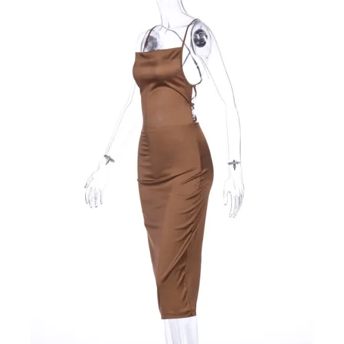 Sexy Brown Straps Silky Club Dress