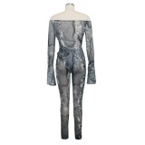 Off Shoulder Snakeskin Flare Sleeve Bodysuit and Pants