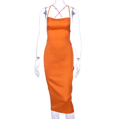 Sexy Orange Straps Silky Club Dress