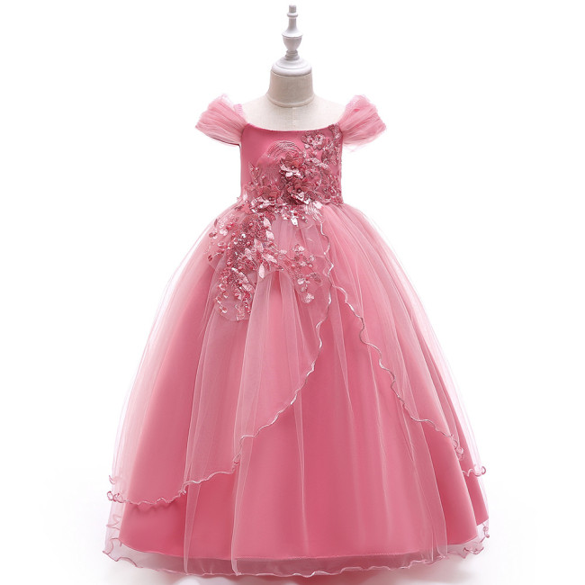 Pink Off Shoulder Flower Applique Beaded Girls Tulle Dress