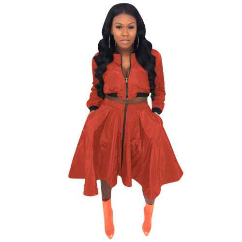 Orange Zipper Short Jacket and Flare Skirt Set