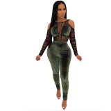 Cold Shoulder Mesh Insert Velvet Bodycon Jumpsuit in Green