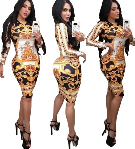 Retro Print Long Sleeve Bodycon Midi Dress