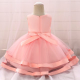 Pink Beaded Bow Baby Girls Party Tulle Princess Dresses