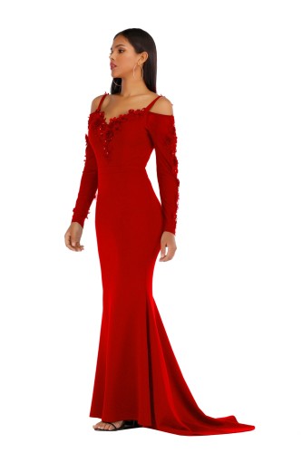 Red Straps Long Sleeve Flower Beaded Evening Dress