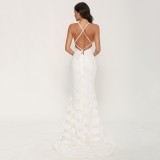 White Floral Lace Open Back Sweep Train Wedding Dress