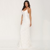 White Floral Lace Open Back Sweep Train Wedding Dress