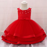 Red Bow Beaded Baby Girls Tulle Party Princess Dresses