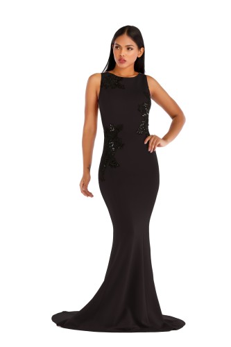 Sequin Applique Black Sleeveless Fishtail Evening Dress