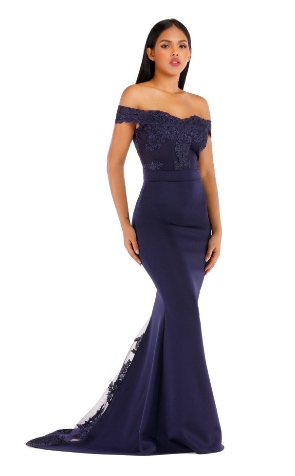Off Shoulder Navy Lace Bodice Sweep Train Evening Dress
