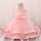 Pink Beaded Bow Baby Girls Party Tulle Princess Dresses