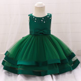 Green Bow Beaded Baby Girls Tulle Party Princess Dresses