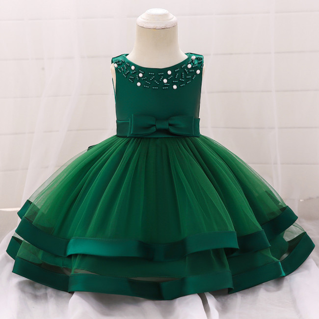 Green Bow Beaded Baby Girls Tulle Party Princess Dresses