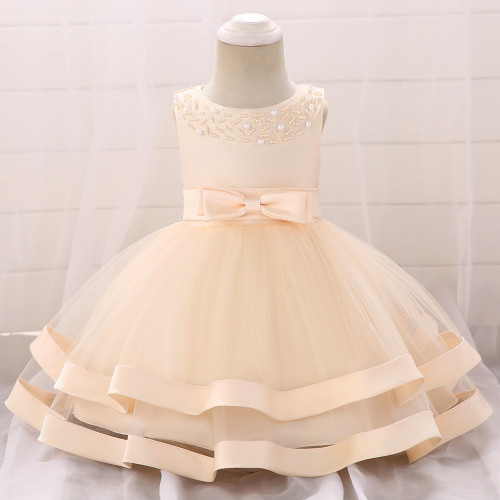 Champagne Bow Beaded Baby Girls Tulle Party Princess Dresses