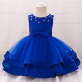 Blue Beaded Bow Baby Girls Party Tulle Princess Dresses