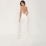 White Floral Lace Open Back Sweep Train Wedding Dress
