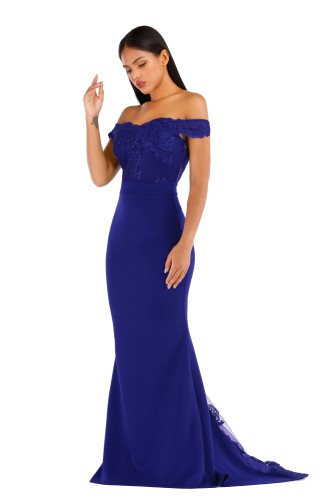 Blue Lace Bodice Off Shoulder Mermaid Evening Dress