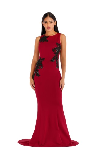 Sequin Applique Burgundy Sleeveless Mermaid Evening Dress