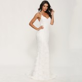 White Floral Lace Open Back Sweep Train Wedding Dress