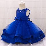 Blue Beaded Bow Baby Girls Party Tulle Princess Dresses