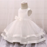 White Bow Beaded Baby Girls Tulle Party Princess Dresses