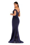 Off Shoulder Navy Lace Bodice Sweep Train Evening Dress