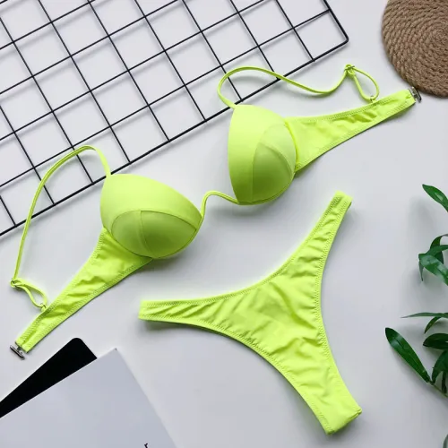 Neon Moulded Cup V Bar Sexy Push Up High Leg Bikini Set
