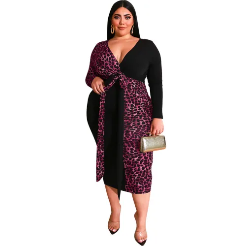 Plus Size V Neck Leopard Patchwork Bodycon Long Dress
