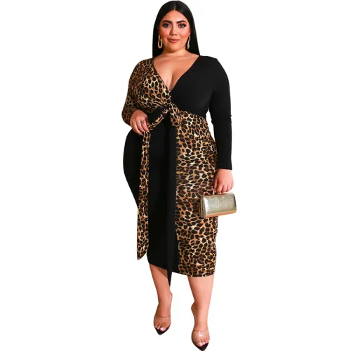 Plus Size V Neck Leopard Colorblock Bodycon Long Dress