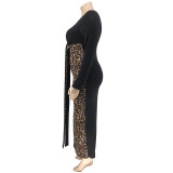 Plus Size V Neck Leopard Colorblock Bodycon Long Dress