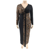 Plus Size V Neck Leopard Colorblock Bodycon Long Dress