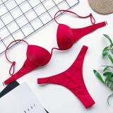 Red Moulded Cup V Bar Sexy Push Up High Leg Bikini Set