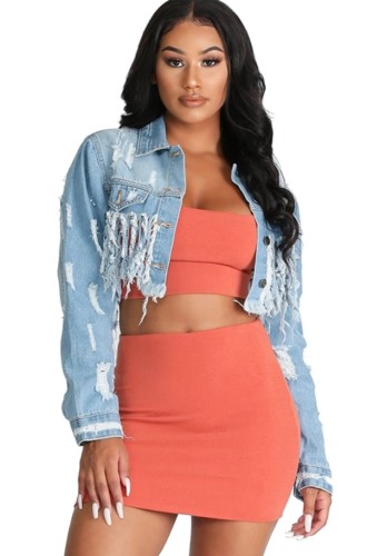 Sexy Ripped Cropped Denim Jacket in Light Blue