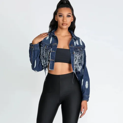 Sexy Ripped Cropped Denim Jacket in Dark Blue