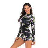 Black Floral Print Long Sleeve Shorts One Piece Swimsuit