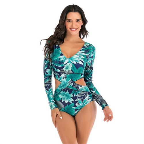 Tropical Print V Neck Cutout Surfing One Piece Swimsuit