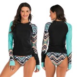 Contrast Geometric Colorblock Long Sleeve Two Piece Swimwear
