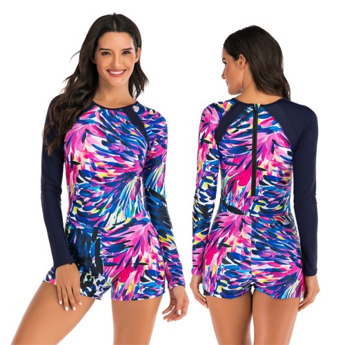 Colorful Print Long Sleeve Shorts One Piece Swimsuit
