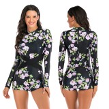 Black Floral Print Long Sleeve Shorts One Piece Swimsuit