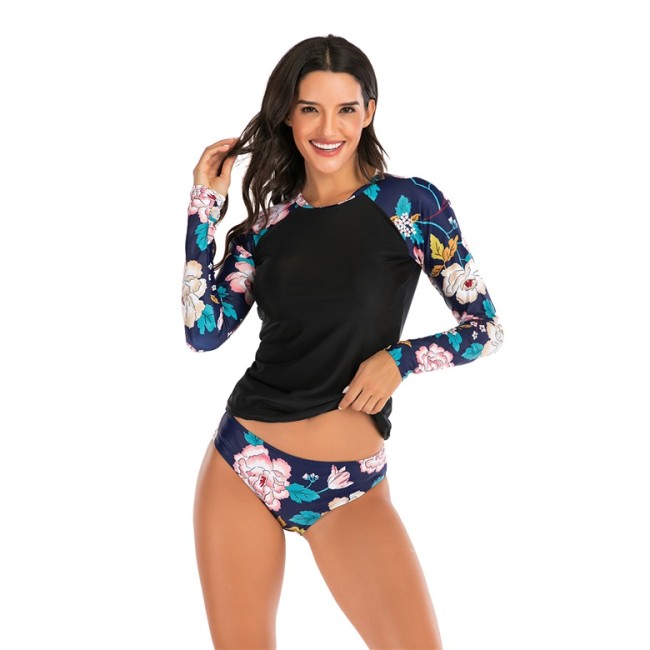 Floral Print Patchwork Long Sleeve Two Piece Swimwear