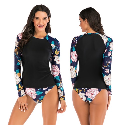 Floral Print Patchwork Long Sleeve Two Piece Swimwear