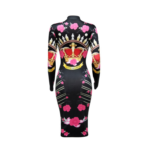 Crown and Flower Print Zip Front Bodycon Midi Dress