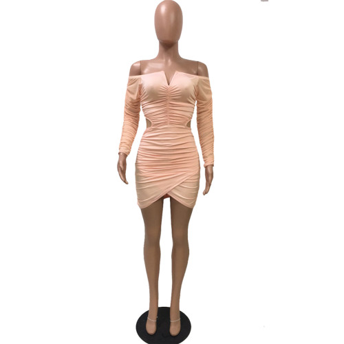 Plain Off Shoulder V Neck Cutout Ruched Slinky Mini Dress
