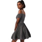 Gray Glitter Off Shoulder Strap Skater Dress
