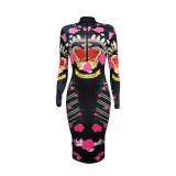Crown and Flower Print Zip Front Bodycon Midi Dress