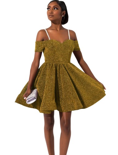 Glitter Off Shoulder Strap Skater Dress in Yellow